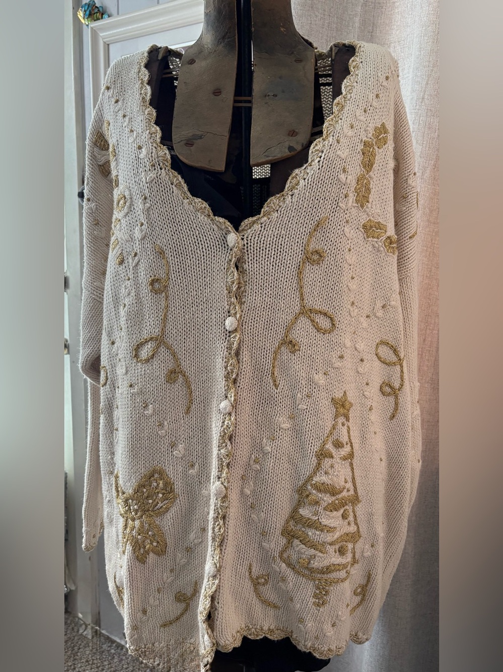 Jacque & KoKo 22/24 Ivory Gold Embroidered Christmas Cardigan
